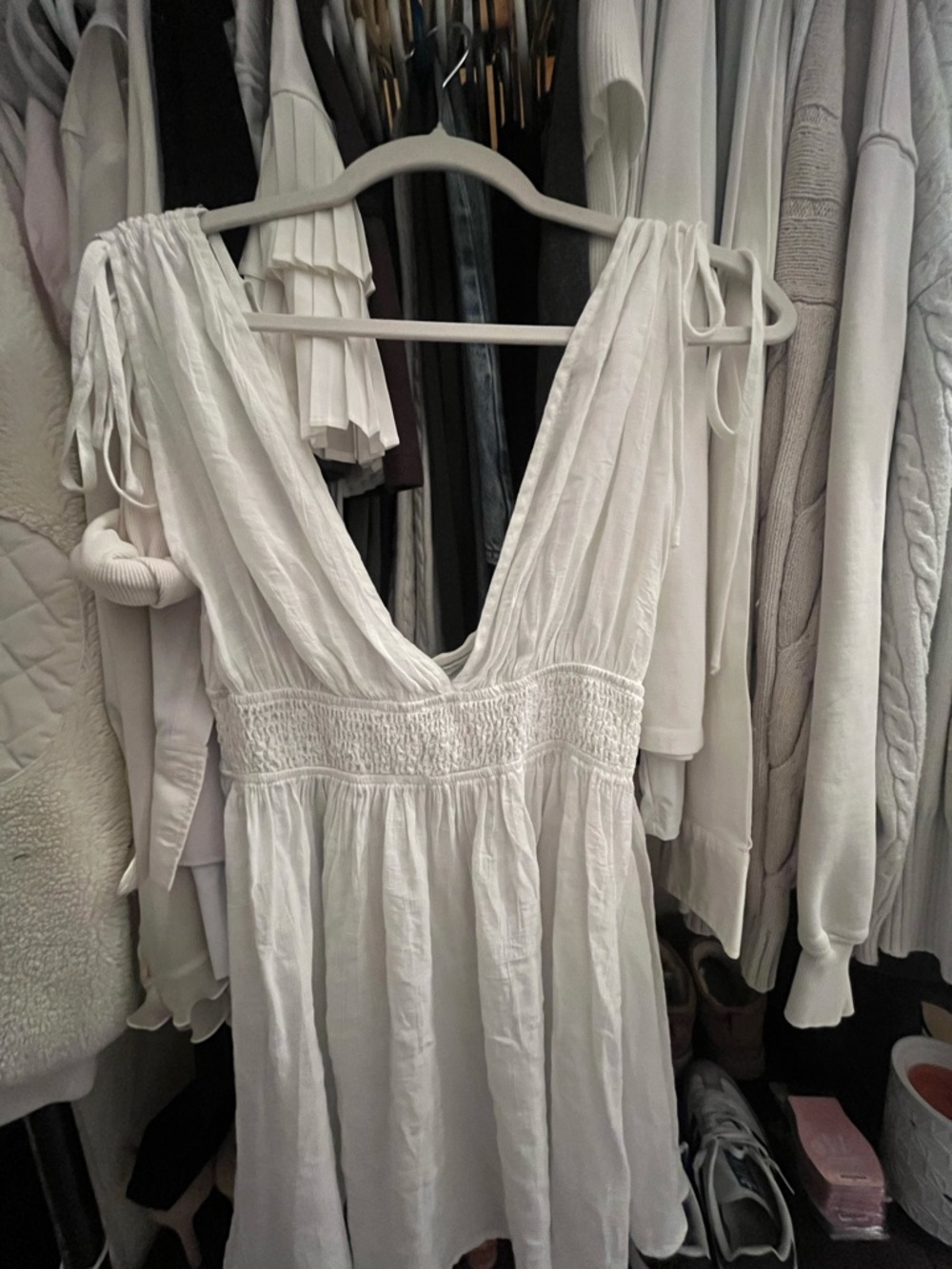H&M White Deep V Smocked Waist Mini Dress